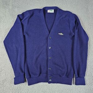 Vintage Sears Cardigan Sweater Mens Medium Blue 70s Dragon Knit Grandpa Academia